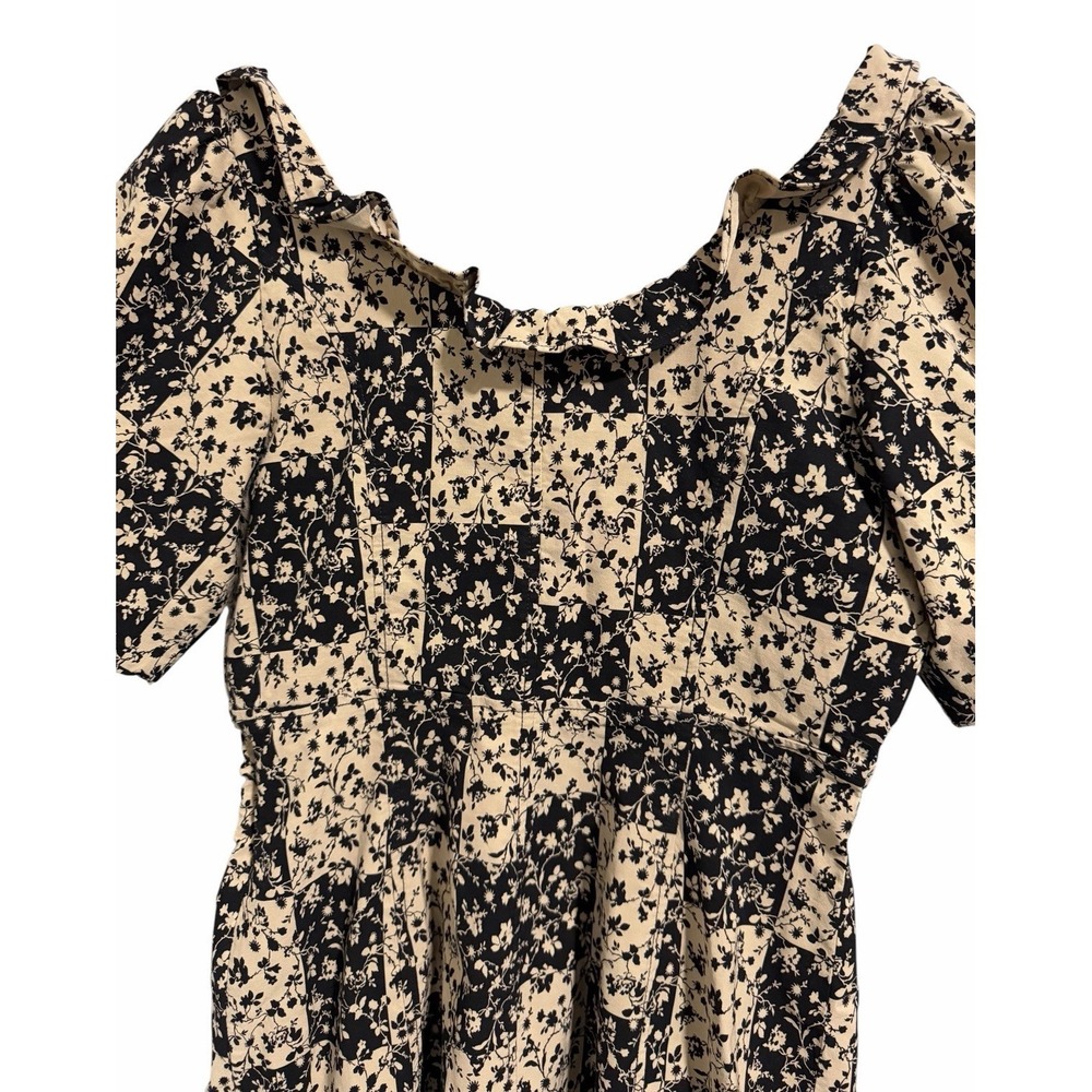 Anthropologie Ruffled Puff Sleeve Floral Smocked Dress   Tan/Black Womens Size 8 - Picture 4 of 12